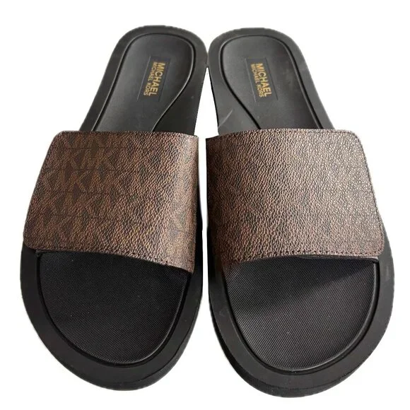 Michael Kors Wade Adjustable Slide Sandal Brown Logo Canvas NEW Sz 8 - Picture 1 of 8